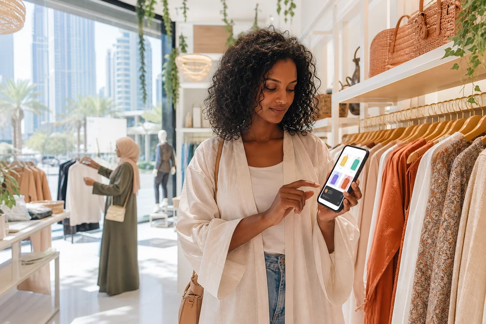 Shopper using a progressive web app on a smartphone in a bright Dubai boutique
