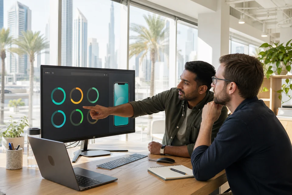 Developers reviewing PWA performance scores in a bright Dubai studio
