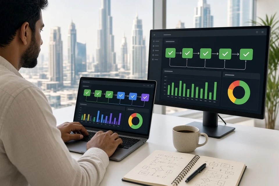 QA engineer reviewing automated CI/CD test results in a bright Dubai office