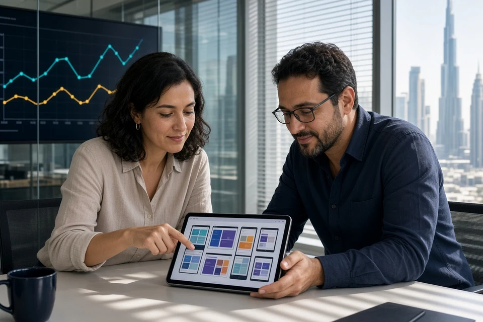 QA lead and product manager reviewing cross-device test coverage on a tablet in Dubai