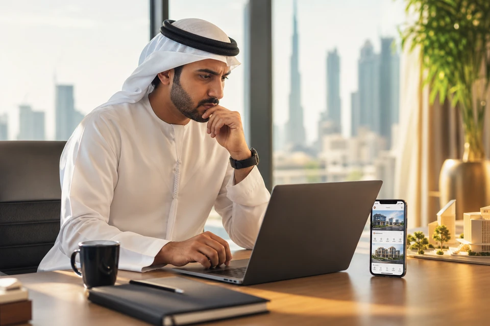 Real estate app development team reviewing property marketplace pricing in Dubai