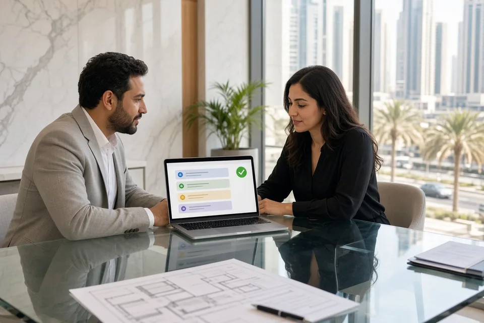 Property managers reviewing an automated lease workflow on a laptop in a bright Dubai real estate office