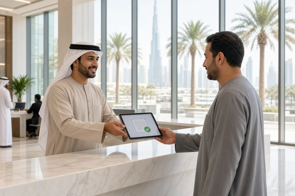 Service desk specialist handing a resident a tablet with a completed request in a bright Dubai lobby