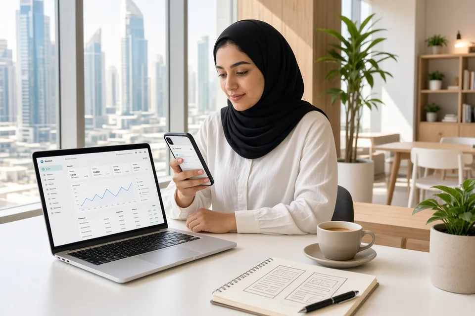 Dubai founder reviewing a SaaS mobile dashboard on a smartphone in a bright modern office