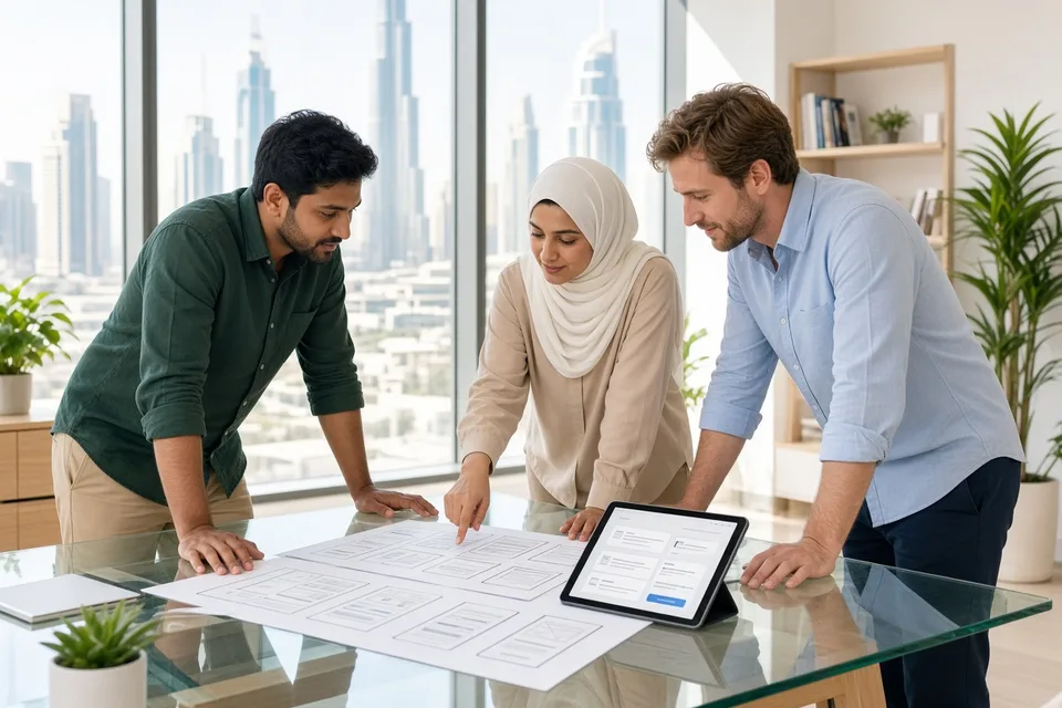 Product team wireframing a SaaS mobile app on a bright Dubai coworking table with skyline views