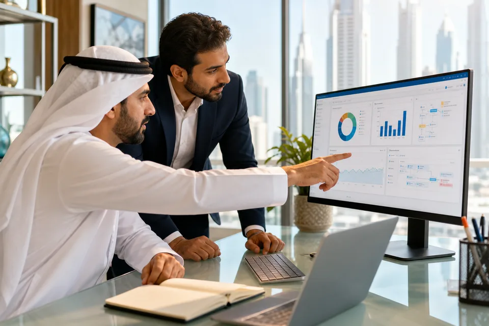 Dubai CRM consultants configuring Salesforce dashboards and automation workflows on a large monitor