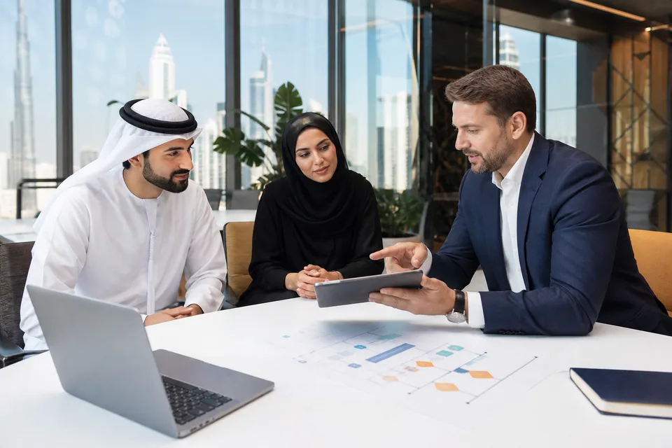 Software consultants mapping a digital implementation roadmap with UAE business leaders in a bright Dubai office