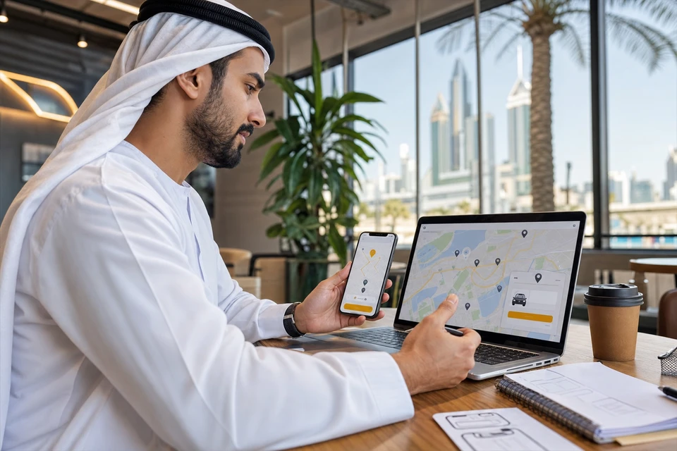 Taxi booking app development team reviewing ride-hailing prototype in Dubai