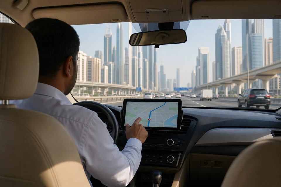 Taxi driver using a dashboard navigation tablet on a Dubai highway