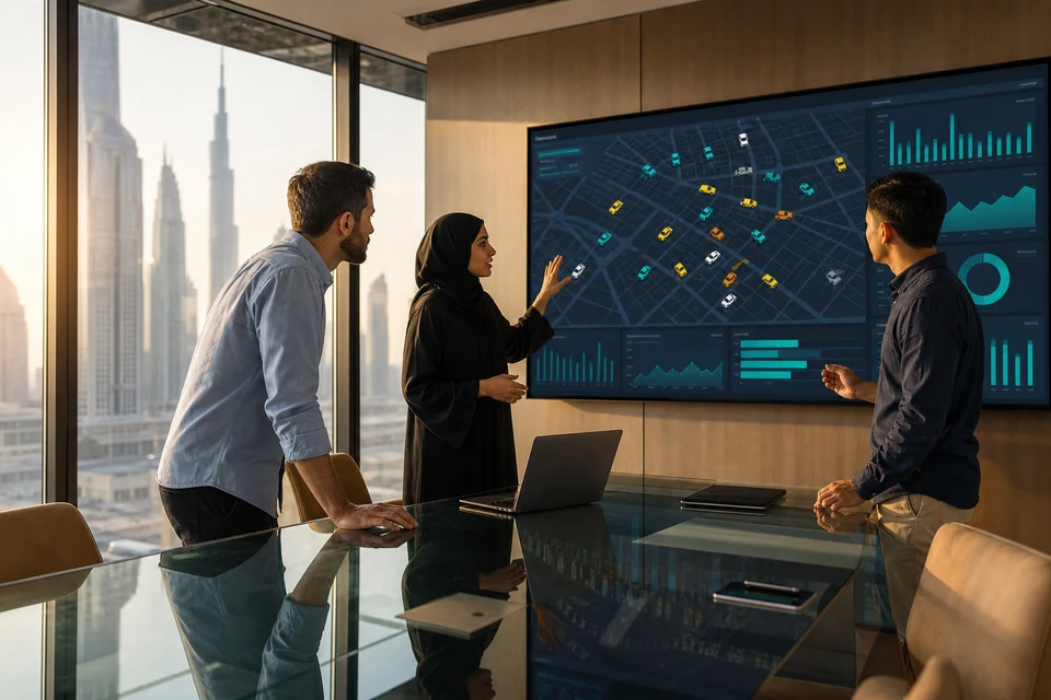 Product team reviewing a taxi dispatch dashboard and development costs in a Dubai office
