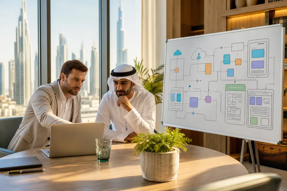 Custom software consultants mapping a product roadmap with a Dubai business client in a bright office