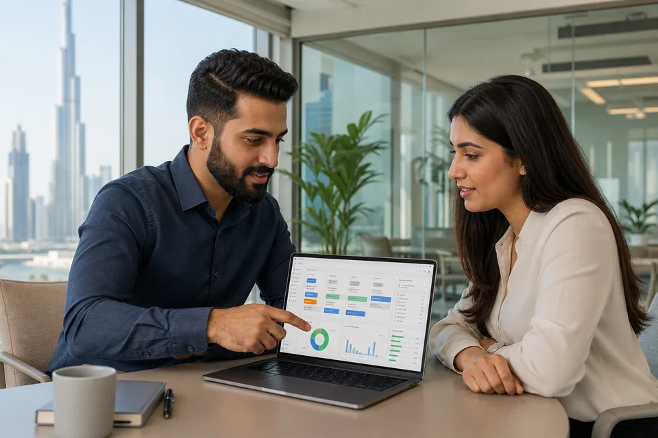 Business leaders reviewing a software project plan with a development partner in Dubai