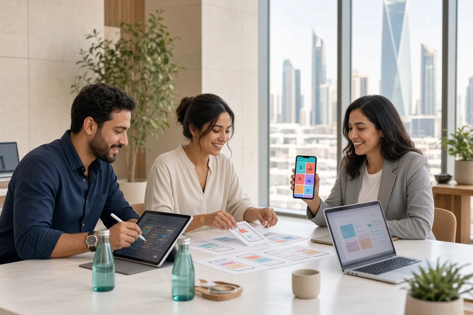 Product team reviewing mobile app prototypes in a bright Riyadh office