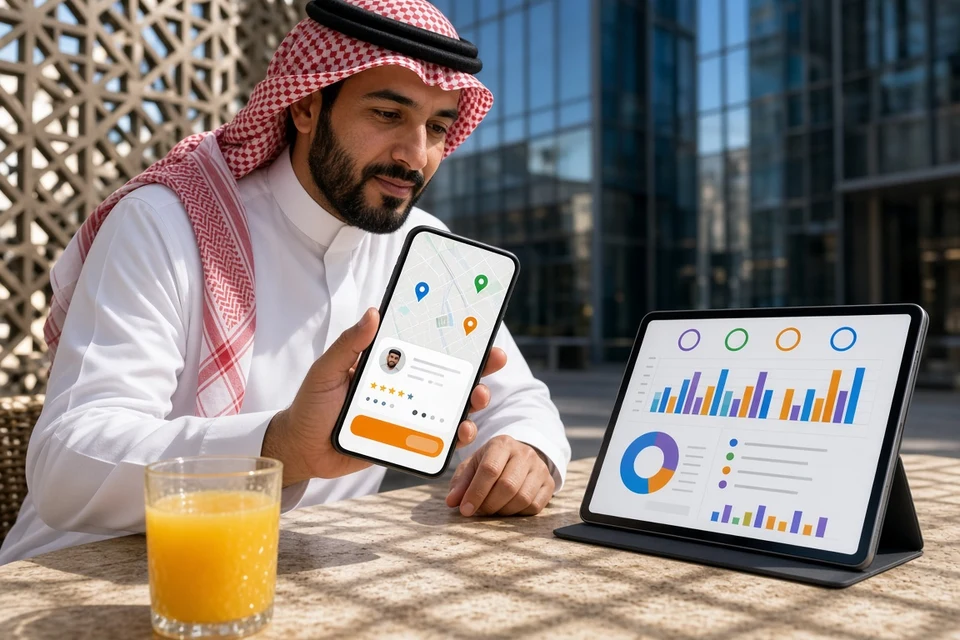Business owner reviewing a delivery app and analytics dashboard in bright Riyadh daylight