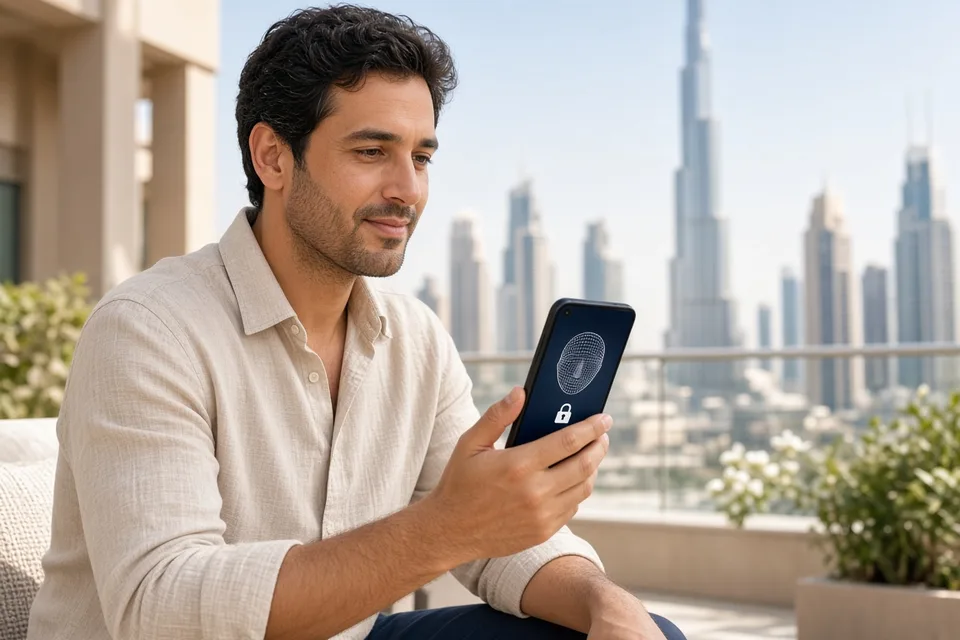 Dubai resident completing mobile identity verification on a smartphone with the city skyline behind