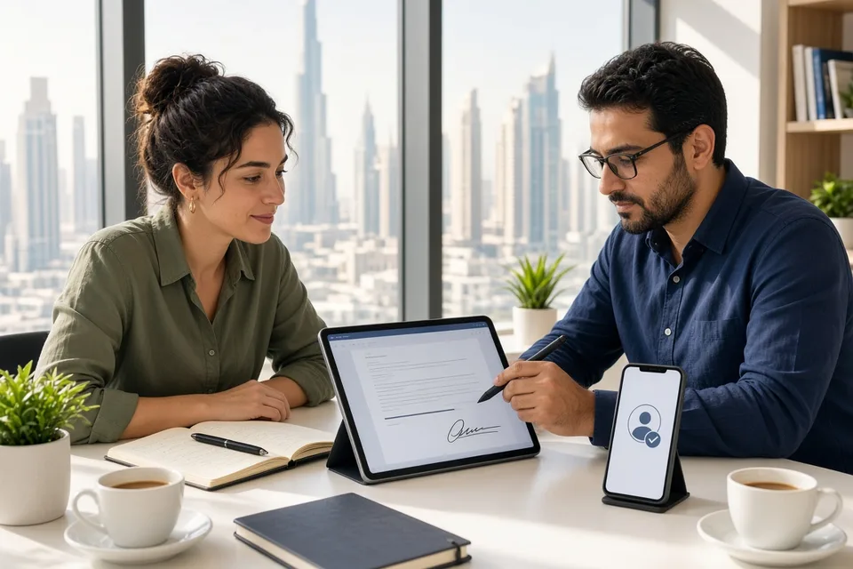 Developers reviewing a mobile digital signature flow on a tablet in a sunlit Dubai workspace