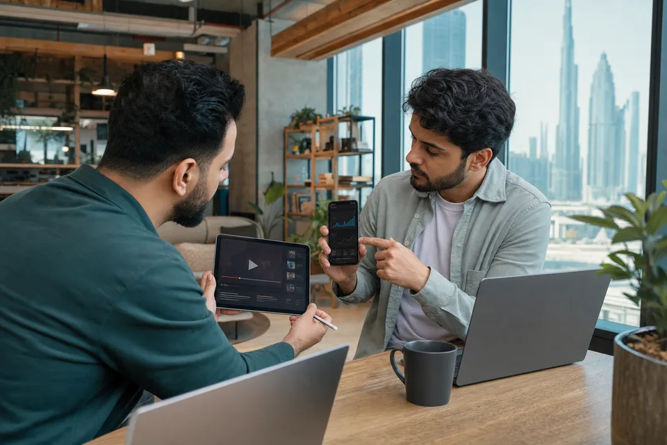 Product team reviewing a video streaming app prototype and analytics in Dubai