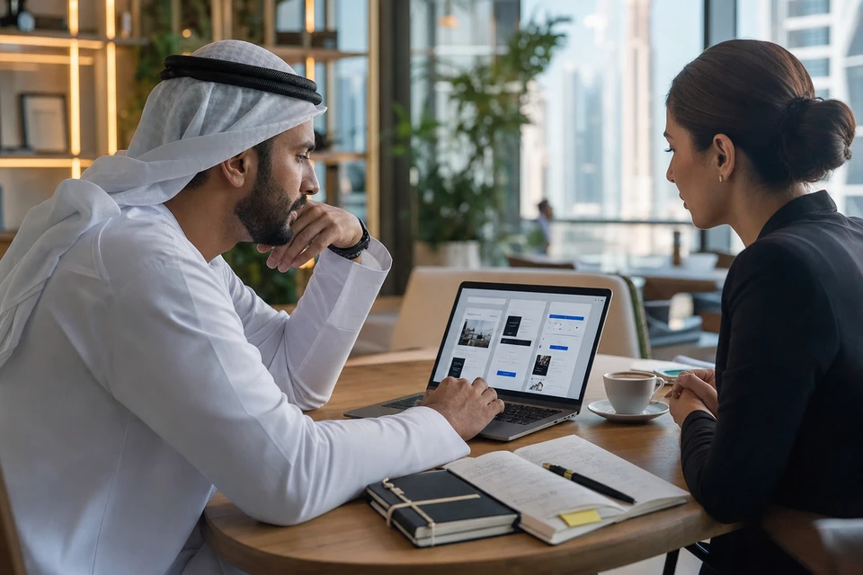 Web app development experts reviewing product roadmap in Dubai