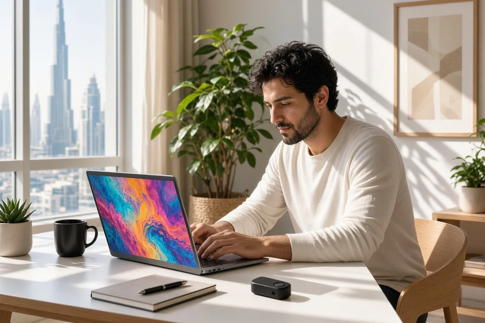 Digital artist reviewing colorful artwork on a laptop beside a hardware security key in a bright Dubai studio