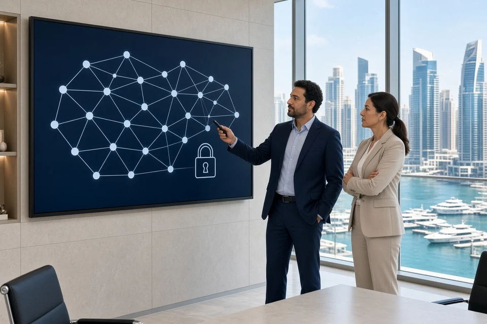 Dubai team reviewing unlabeled network and security diagrams in a bright glass conference room