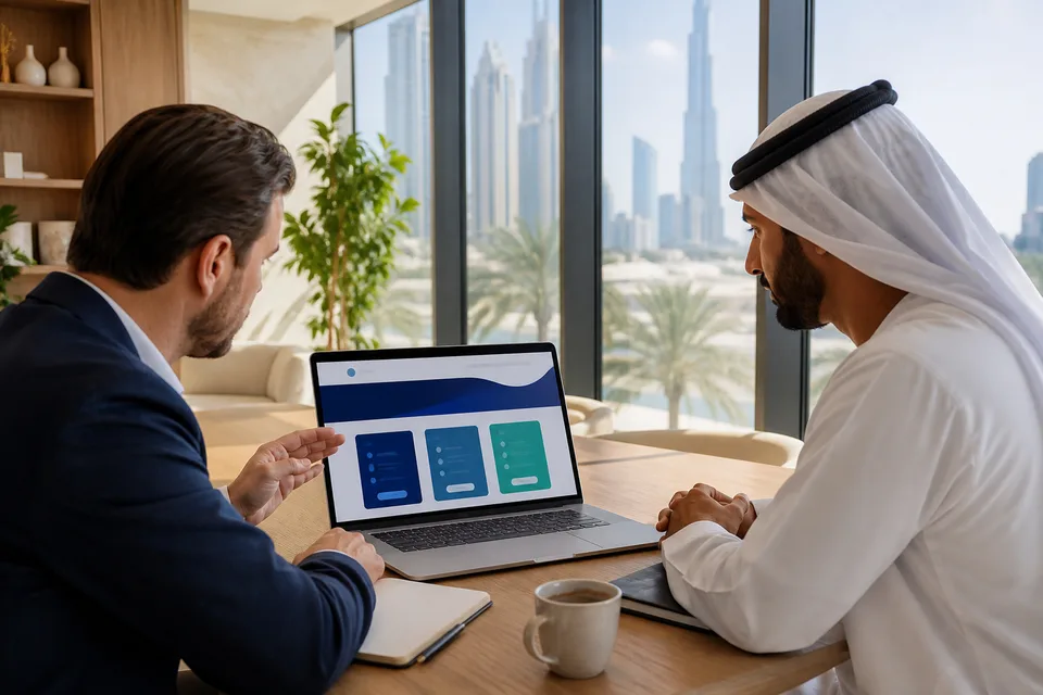 Web consultant reviewing website pricing options with a UAE business owner in a bright Dubai office