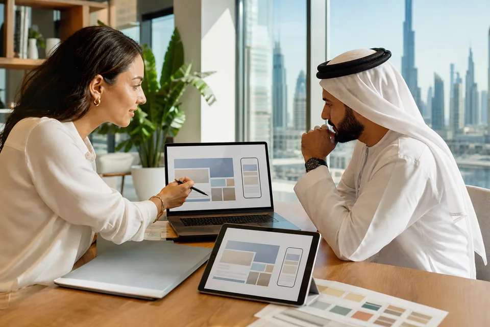 Web designers reviewing a bilingual UAE business website prototype on laptop and tablet in a bright Dubai office