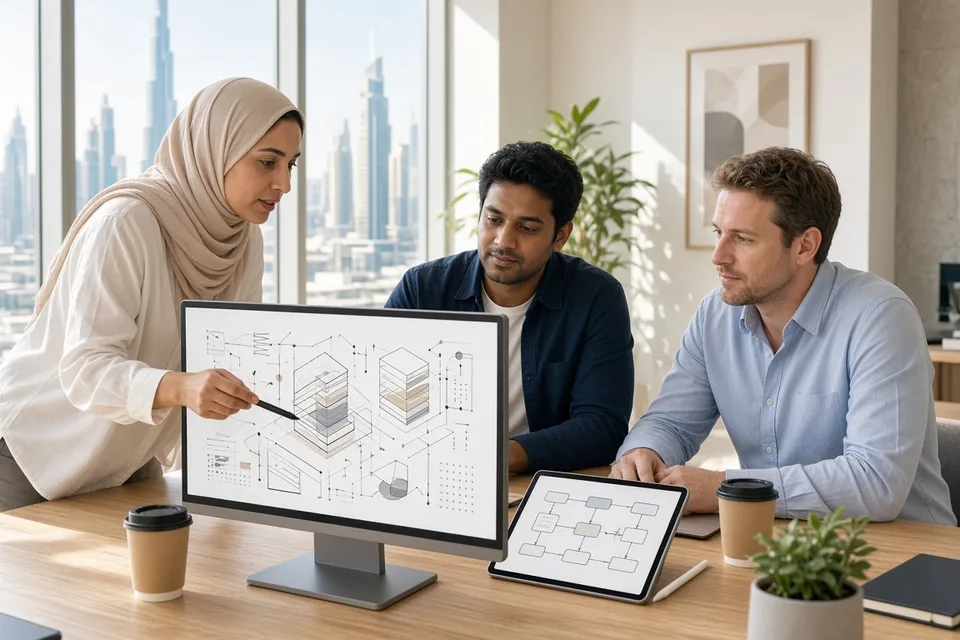 Solutions architect reviewing system architecture diagrams with a development team in a bright modern office