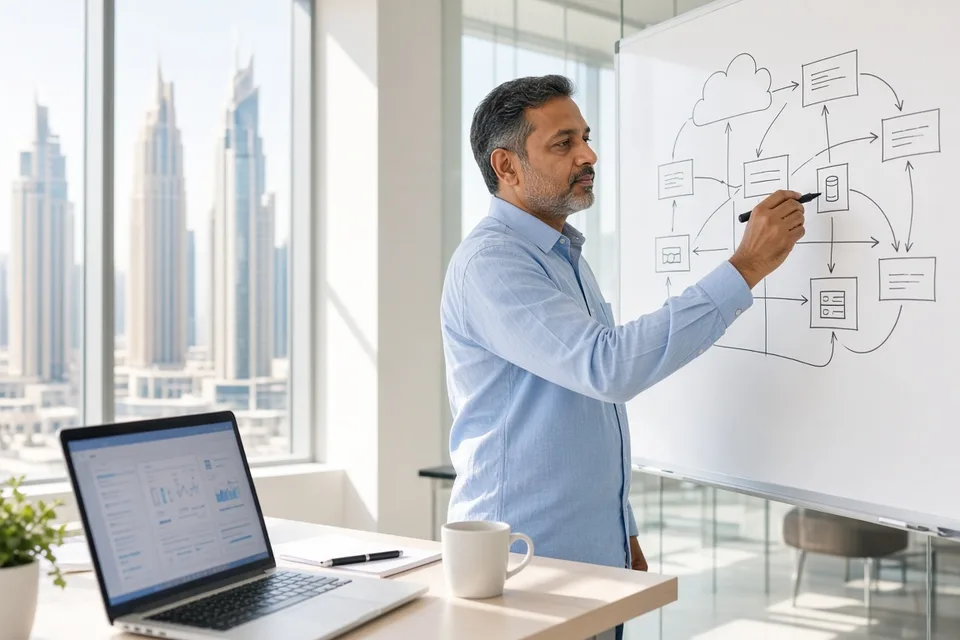 Solutions architect sketching cloud architecture on a whiteboard in a sunlit Dubai tech office