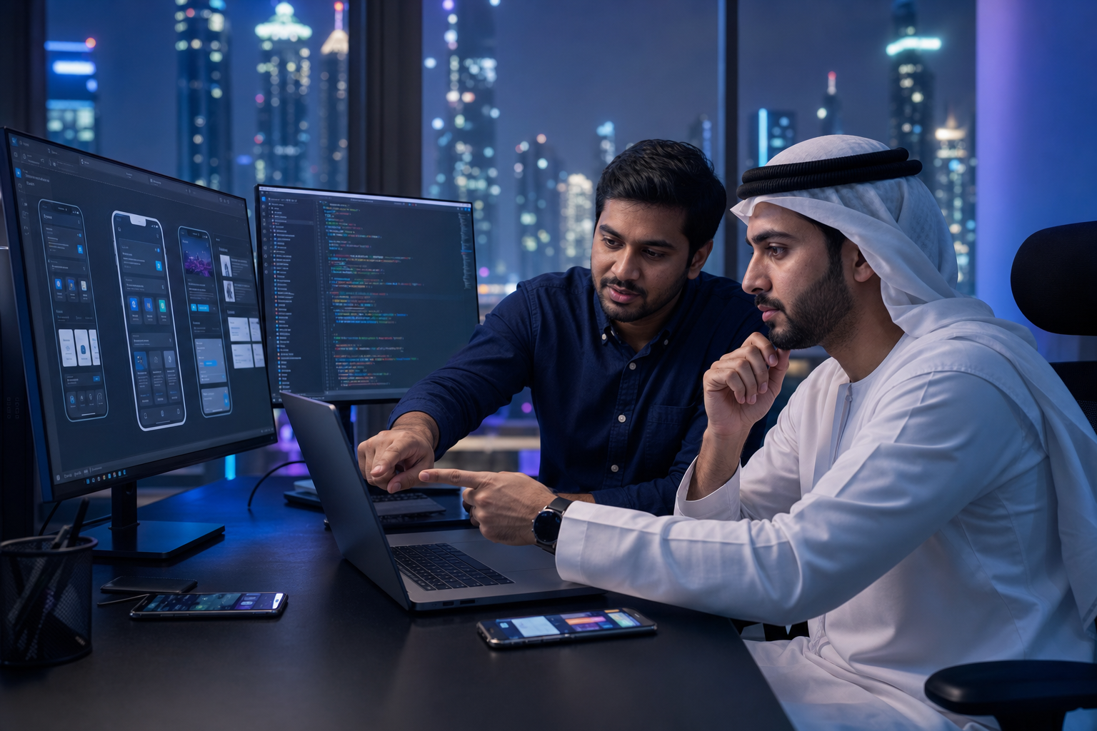 Dedicated mobile app developers collaborating with clients at Techanic Infotech Dubai office