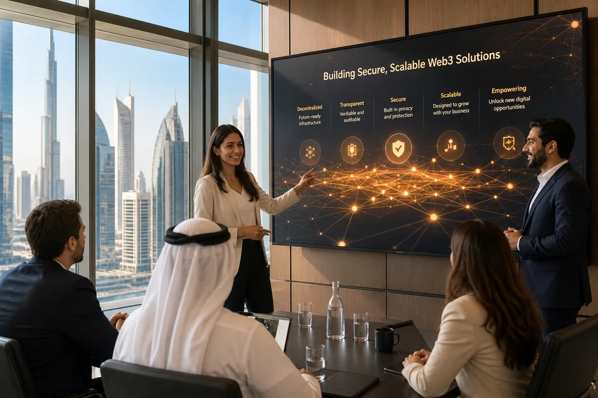 Blockchain engineers building a decentralized application for a Dubai business