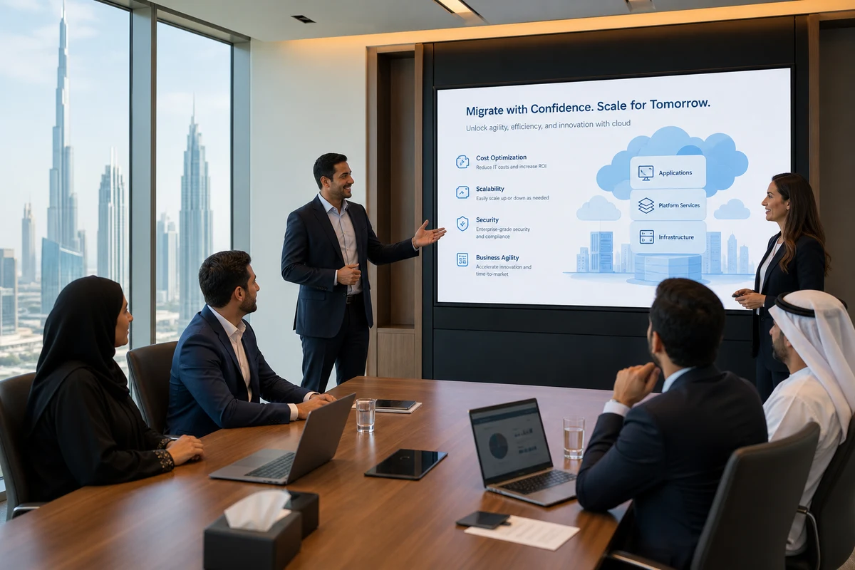 Cloud migration team planning a secure workload migration in Dubai