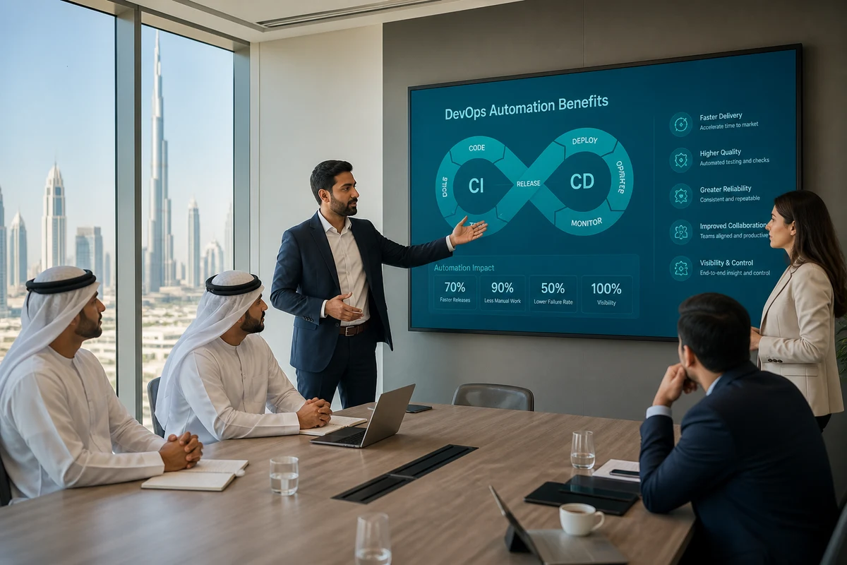 DevOps consulting team automating a deployment pipeline in Dubai