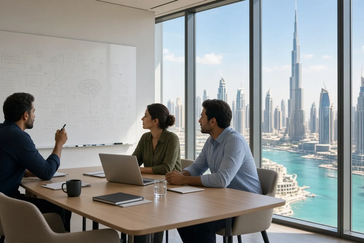 Generative AI solution engineers building a generative AI application for a Dubai business