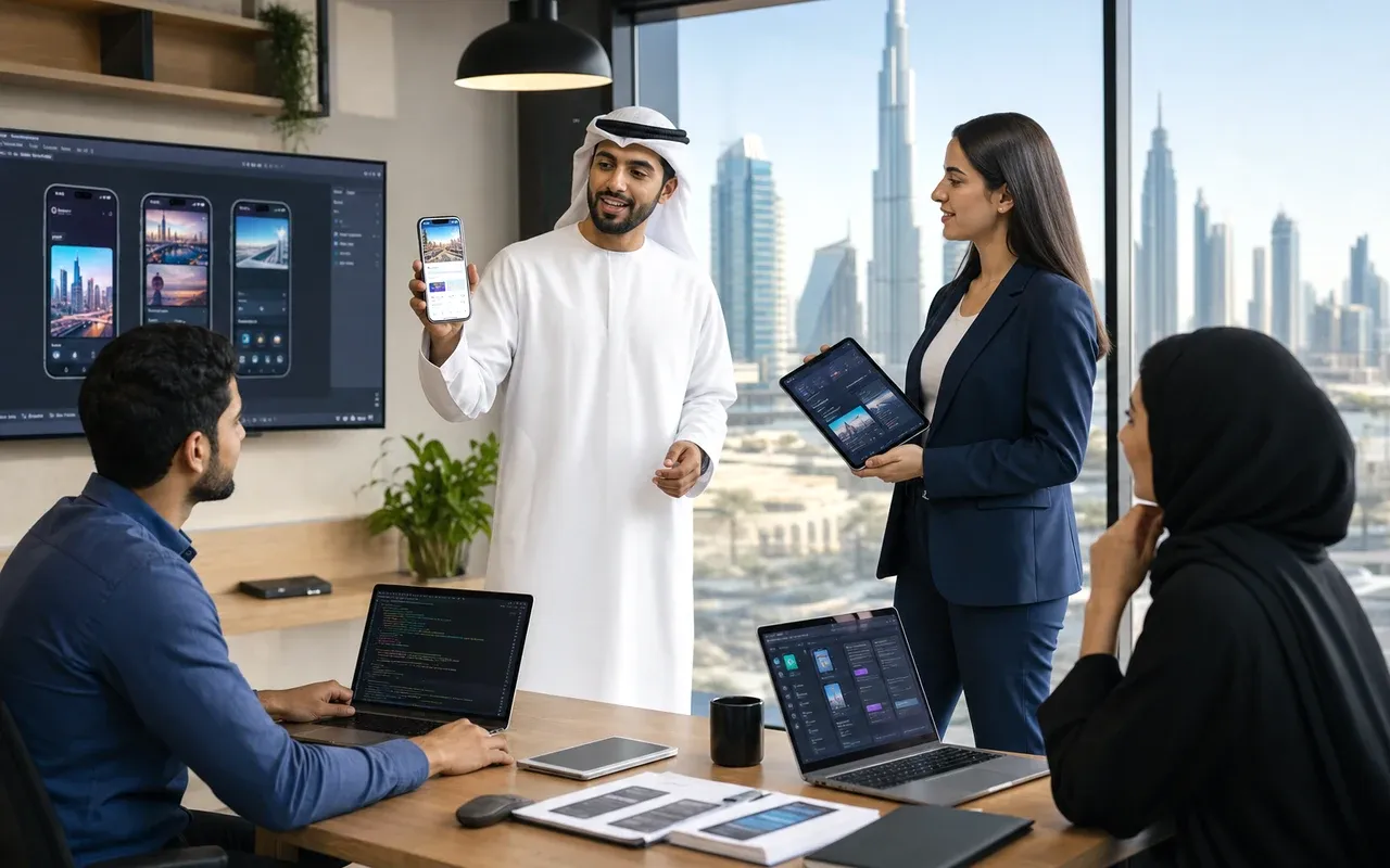 Futuristic mobile app development visual with Dubai skyline and floating devices