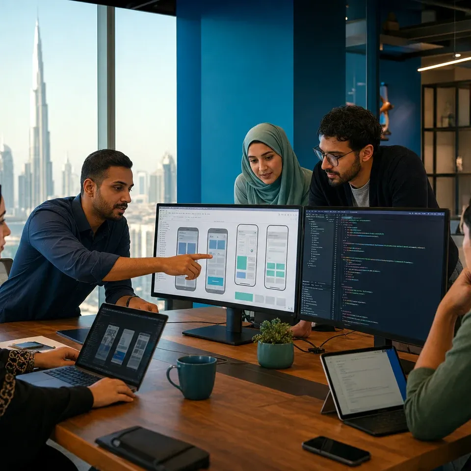Full-stack mobile app development team collaborating in a Dubai technology office
