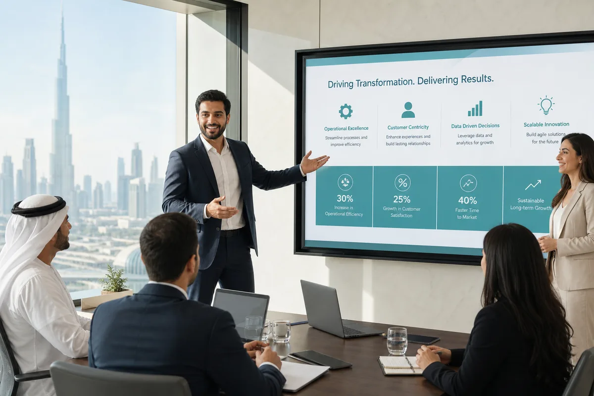 Software consultants reviewing a technology roadmap for a Dubai business