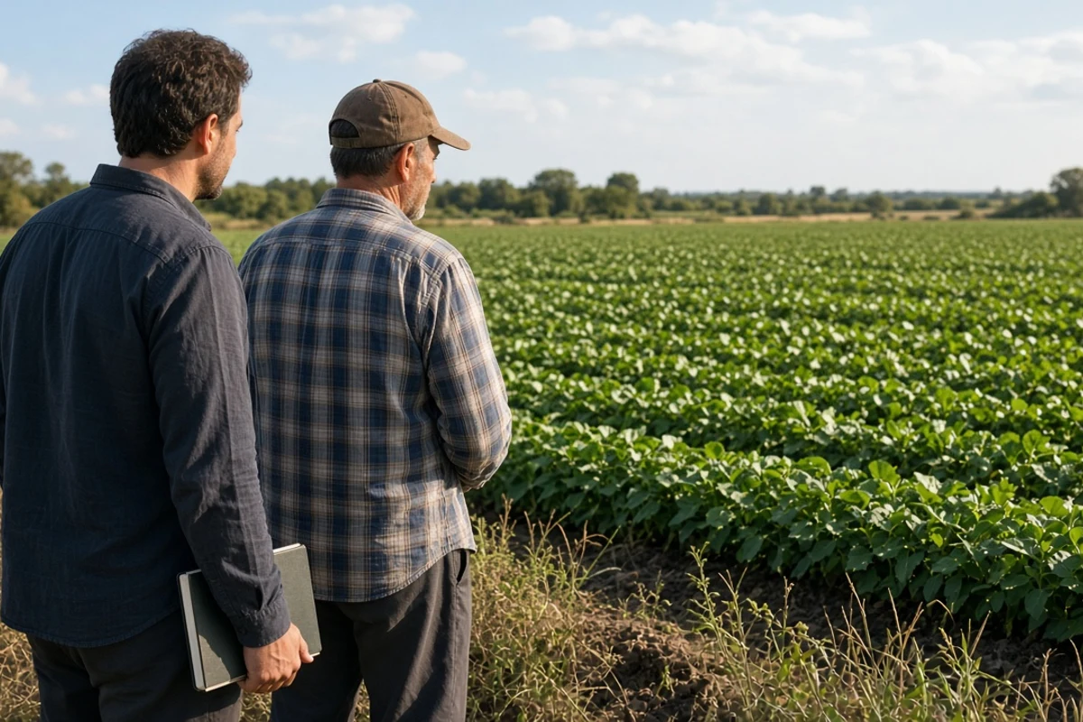 Founder and farmer reviewing a field plan in warm daylight
