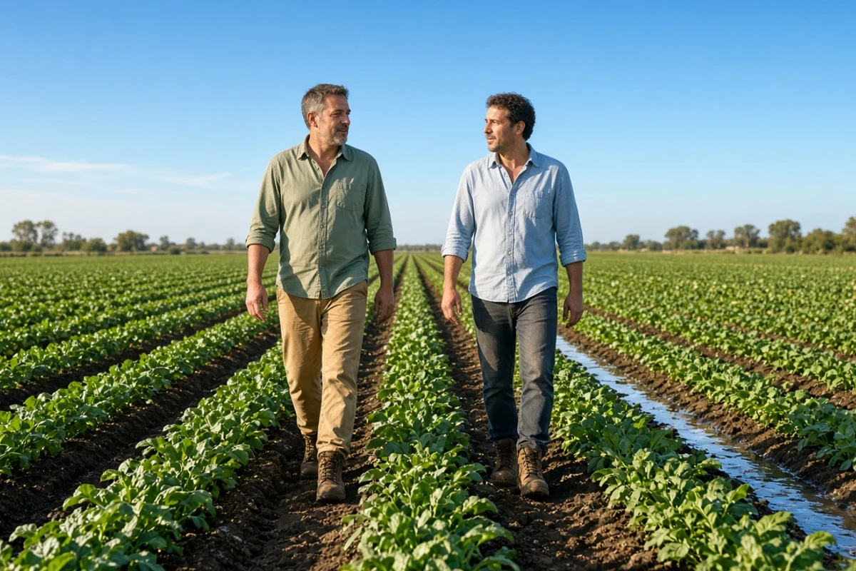 Two agronomists walking a bright irrigated field