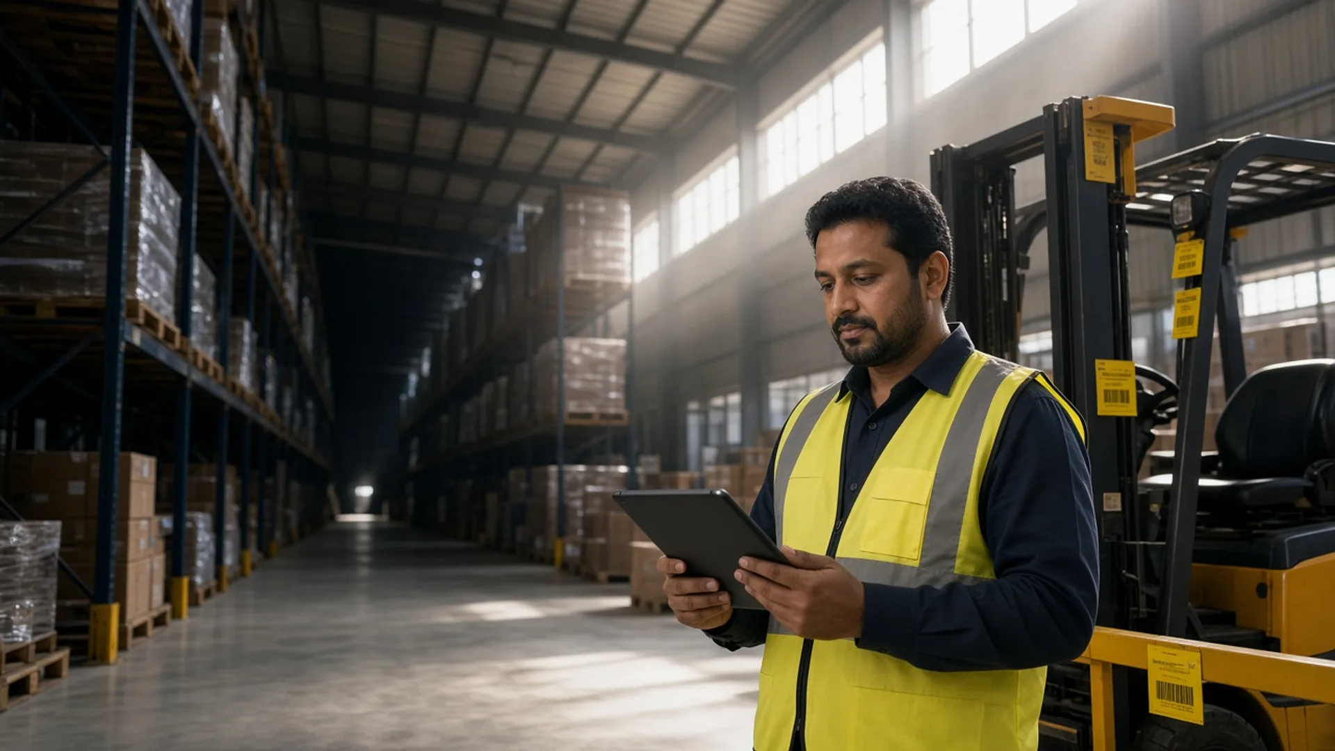 Operations manager checking tagged equipment with a tablet in a bright Dubai warehouse