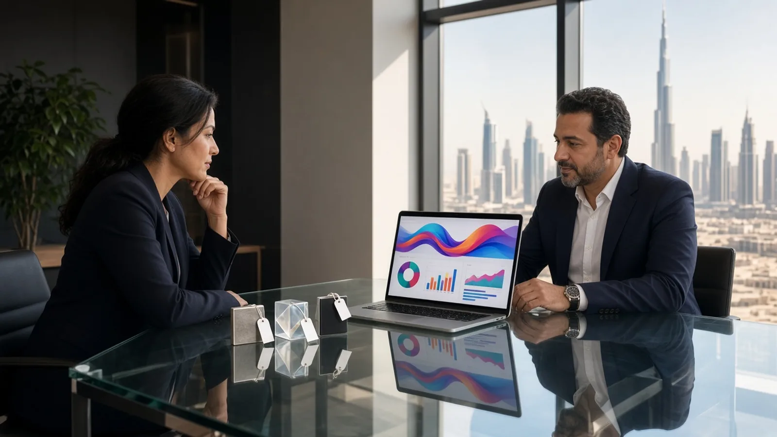 Planners reviewing an abstract dashboard beside a sunny Dubai window