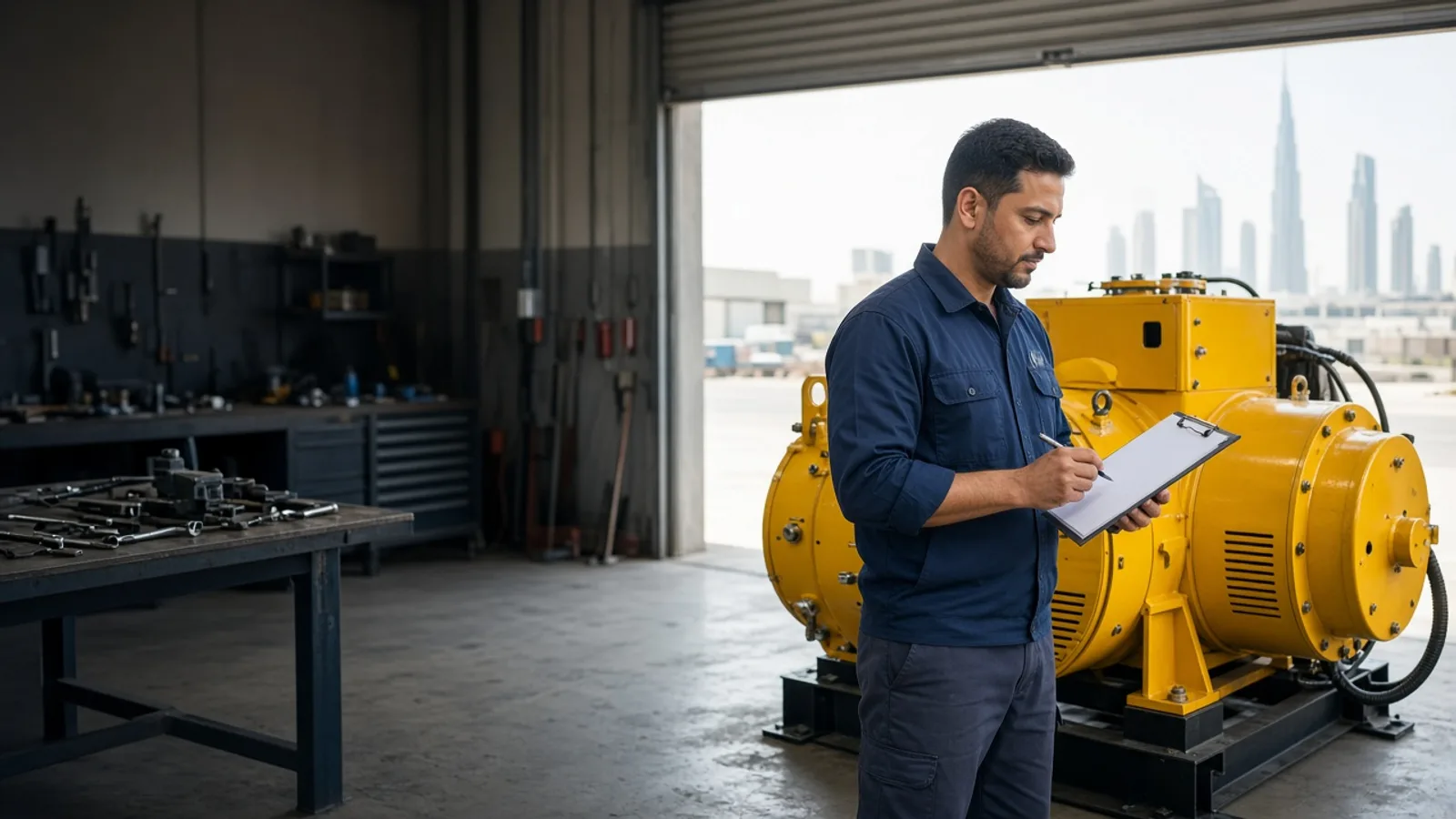 Technician inspecting a generator in a bright Dubai maintenance workshop