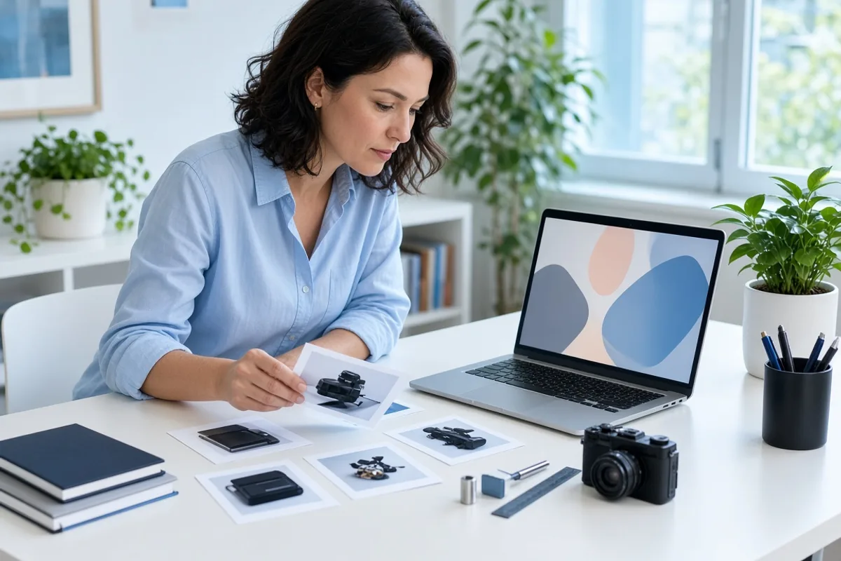 Specialist organizing equipment records on a laptop in a bright office