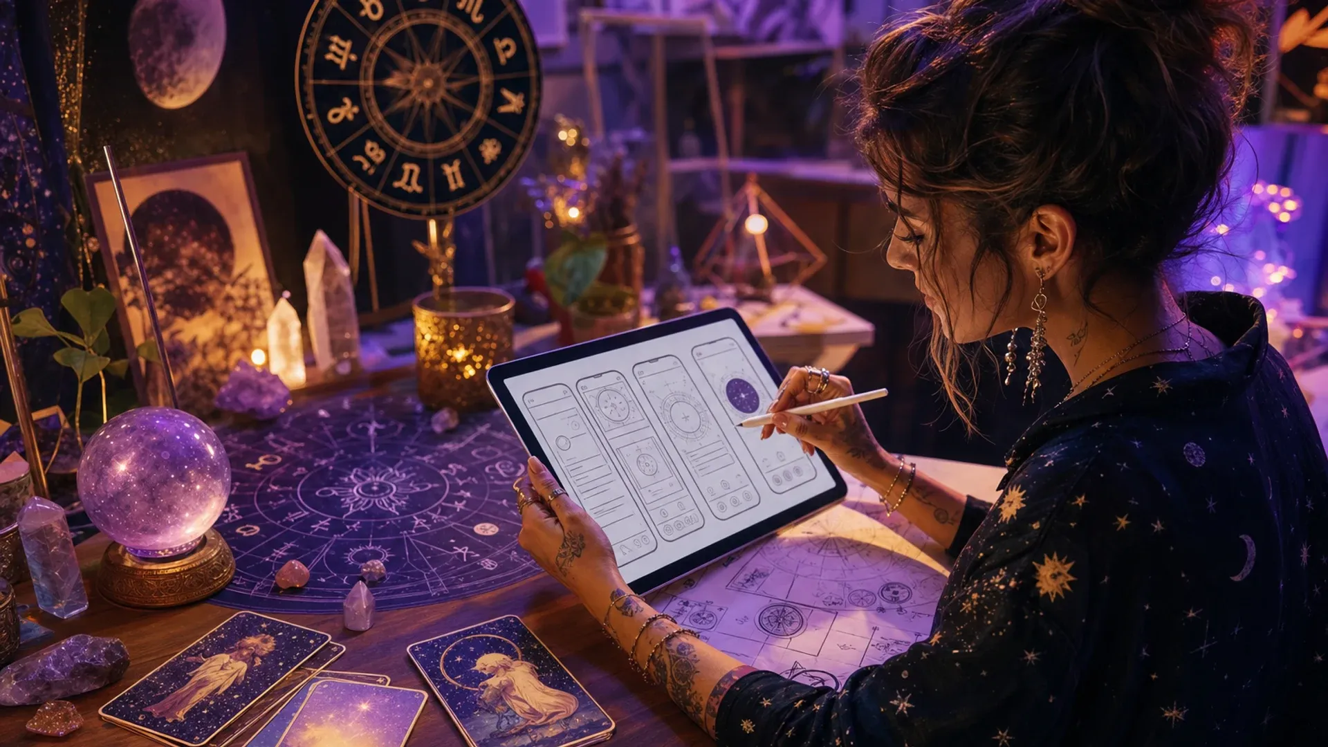 Astrology app concept with horoscope interface and spiritual wellness consultation background