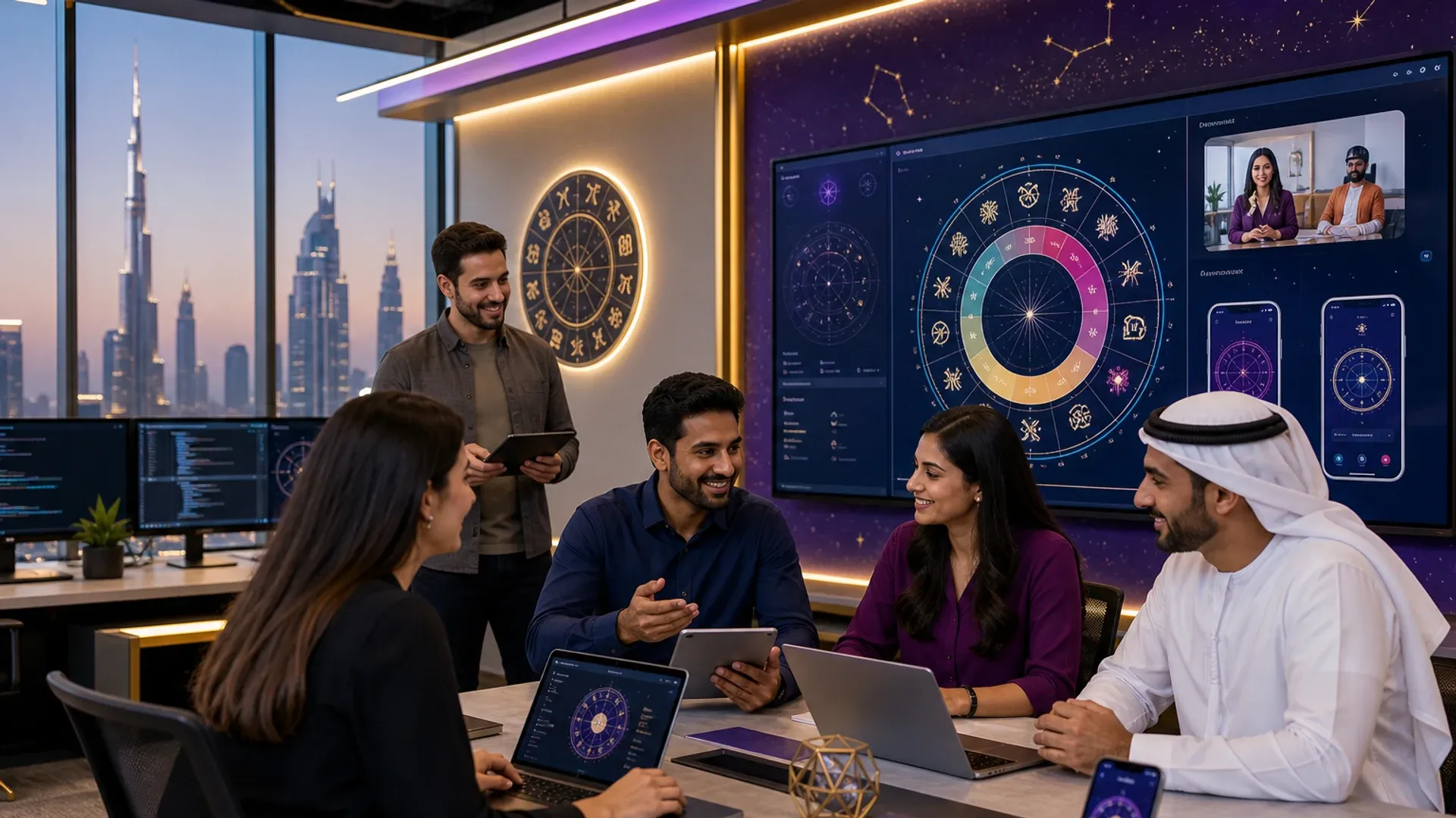 Dubai astrology app development team collaborating on horoscope platform with live consultation features
