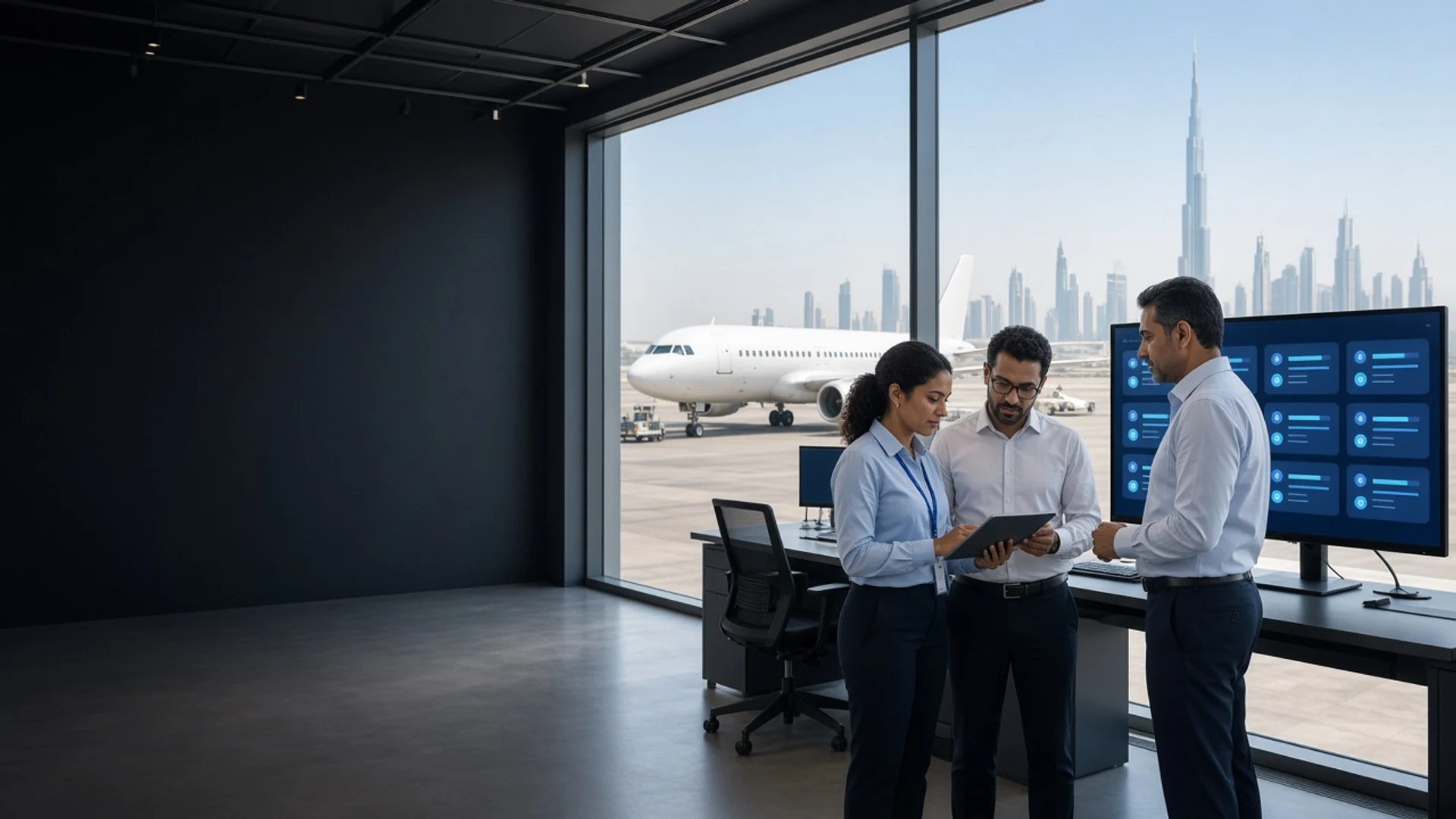 Aviation operations manager reviewing flight dashboards beside a sunny Dubai apron