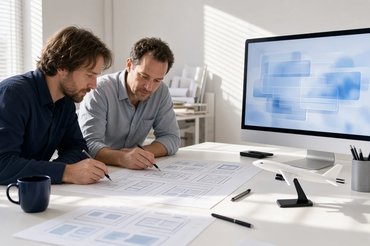 Designer and aviation engineer planning a software product in a bright studio