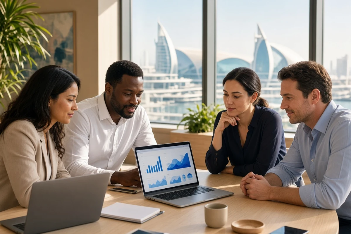 Aviation team planning a platform in a sunny Dubai office