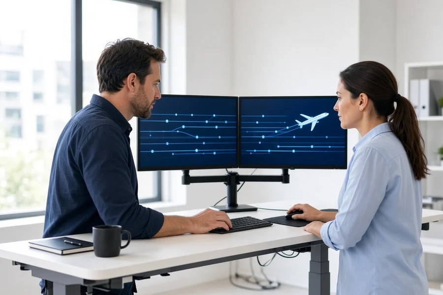 Team building custom aviation software on dual monitors in a bright office