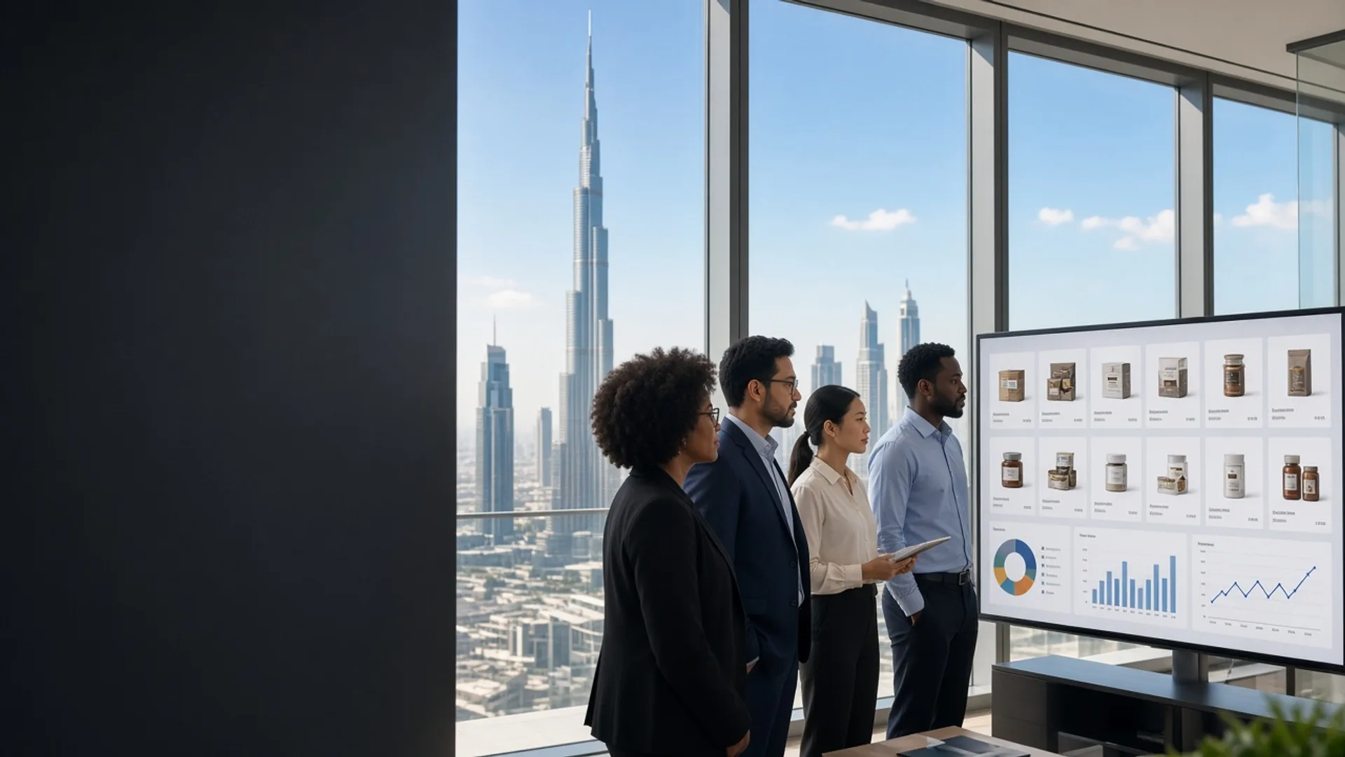 Business team in a bright Dubai office reviewing a wholesale portal with the skyline behind them