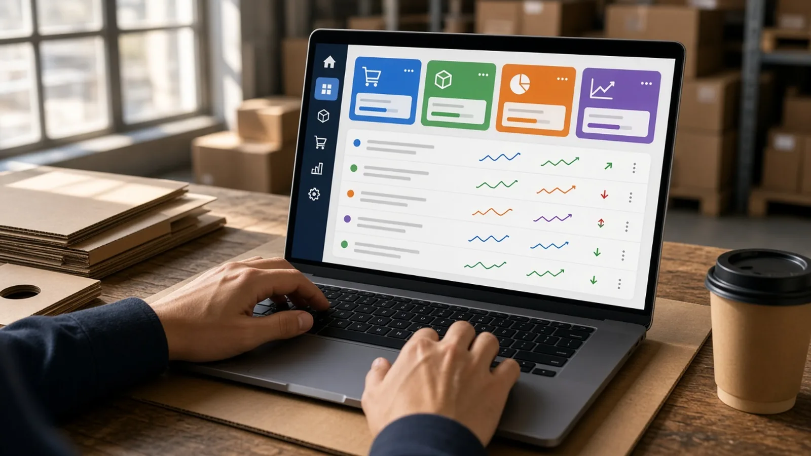 Laptop showing a business purchasing dashboard on a sunlit warehouse desk